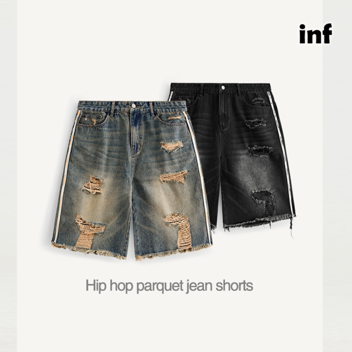 Men Boys Hip Hop Parquet Jean Shorts Denim Shorts Streetwear Bottoms Half Pants Sweatsuit Casual Shorts Unisex Pants