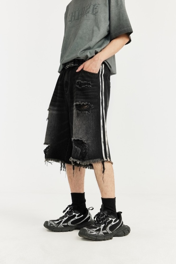 Men Boys Hip Hop Parquet Jean Shorts Denim Shorts Streetwear Bottoms Half Pants Sweatsuit Casual Shorts Unisex Pants