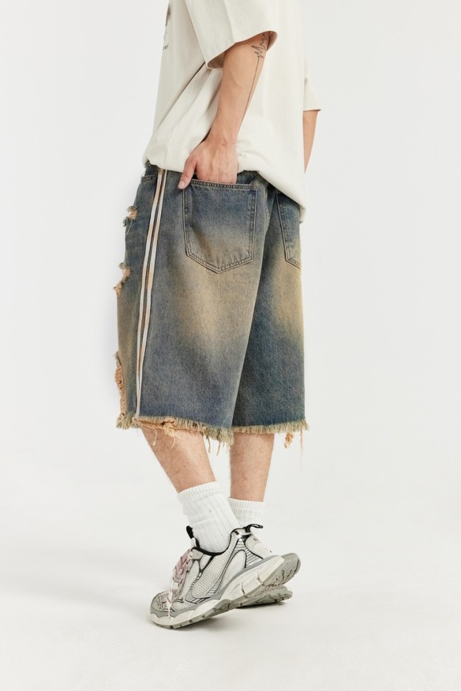 Men Boys Hip Hop Parquet Jean Shorts Denim Shorts Streetwear Bottoms Half Pants Sweatsuit Casual Shorts Unisex Pants