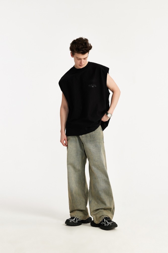 Men Women Flocking Flying Shoulder Vest T-shirt Short Sleeve Pullover Tops Sweatshirt Unisex Tee Casual T-shirt