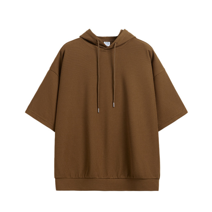 Men Women Waffle Hood Short Sleeve T-shirt Pullover Tops Sweatshirt Unisex Tee Casual T-shirt