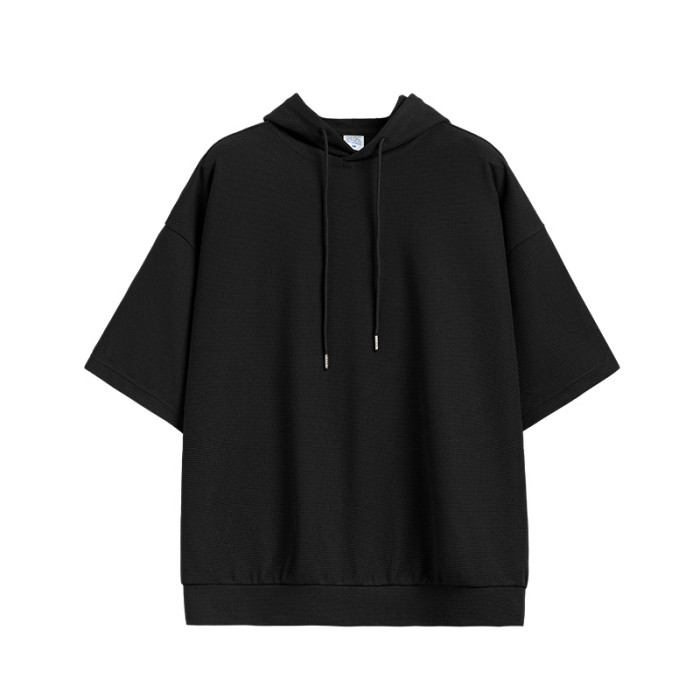 Men Women Waffle Hood Short Sleeve T-shirt Pullover Tops Sweatshirt Unisex Tee Casual T-shirt