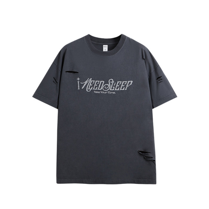 Men Women Broken Hole Embroidery T-shirt Short Sleeve Pullover Tops Sweatshirt Unisex Tee Casual T-shirt