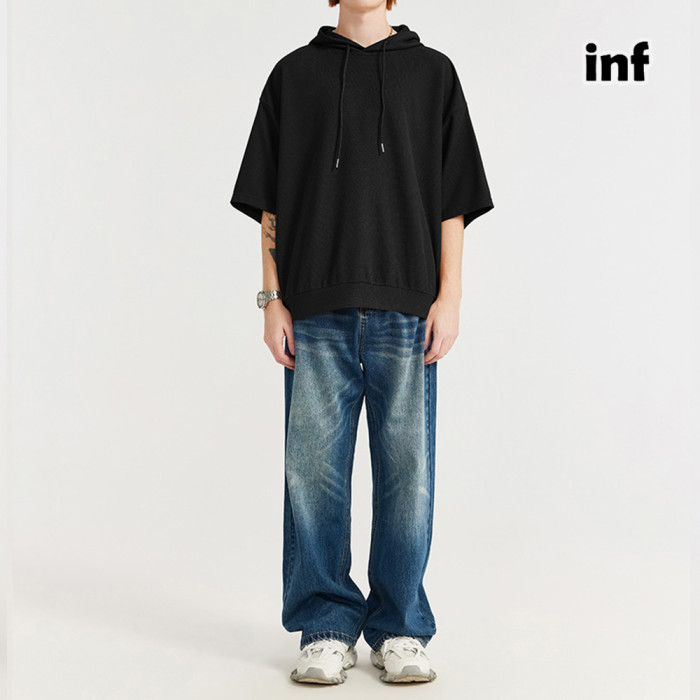 Men Women Waffle Hood Short Sleeve T-shirt Pullover Tops Sweatshirt Unisex Tee Casual T-shirt