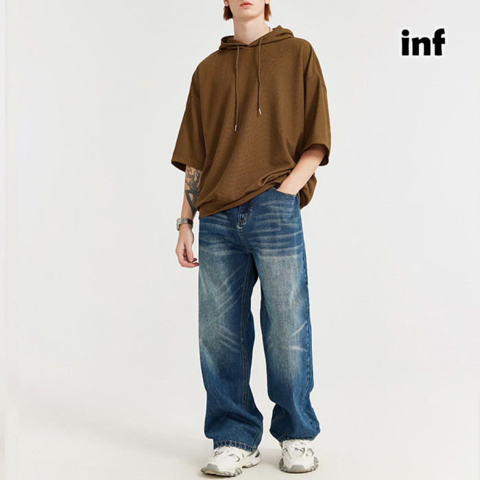 Men Women Waffle Hood Short Sleeve T-shirt Pullover Tops Sweatshirt Unisex Tee Casual T-shirt