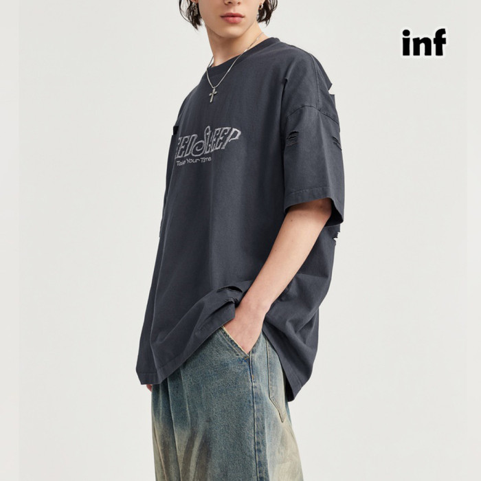 Men Women Broken Hole Embroidery T-shirt Short Sleeve Pullover Tops Sweatshirt Unisex Tee Casual T-shirt