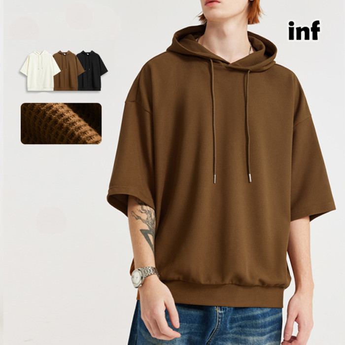 Men Women Waffle Hood Short Sleeve T-shirt Pullover Tops Sweatshirt Unisex Tee Casual T-shirt