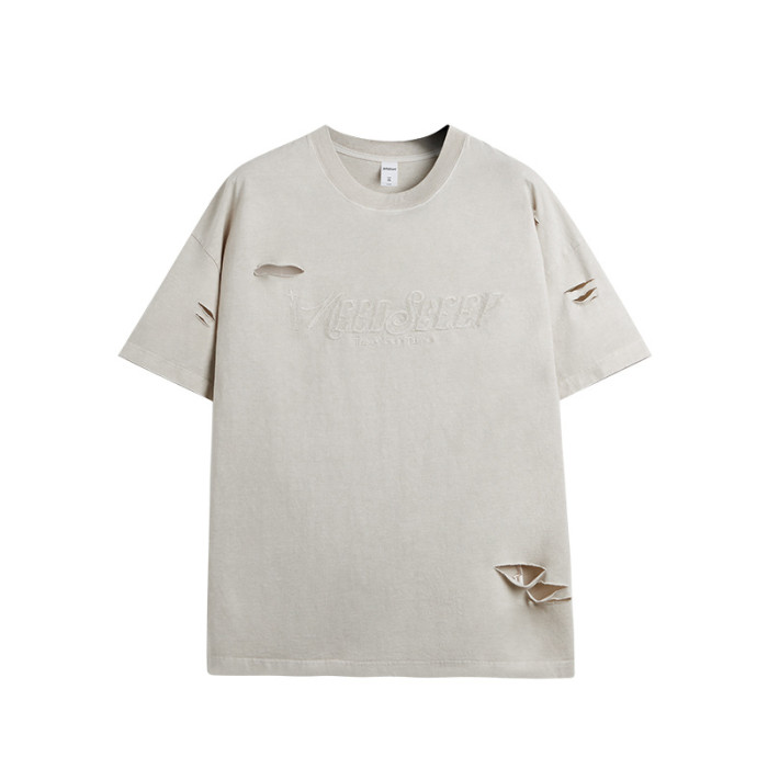 Men Women Broken Hole Embroidery T-shirt Short Sleeve Pullover Tops Sweatshirt Unisex Tee Casual T-shirt