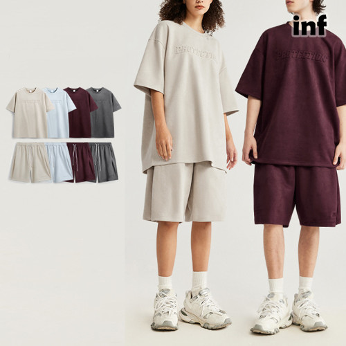 Men Women Two Piece Suit Set Sweatshirt Pullover Sweatwear Short Sleeved T-Shirt Deerskin Velvet Embossing shorts Suit