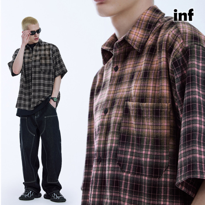 Men Women Gradient Plaid Shirt Short Sleeved Shirt Tops Sweatshirt Unisex Tee Casual Shirt