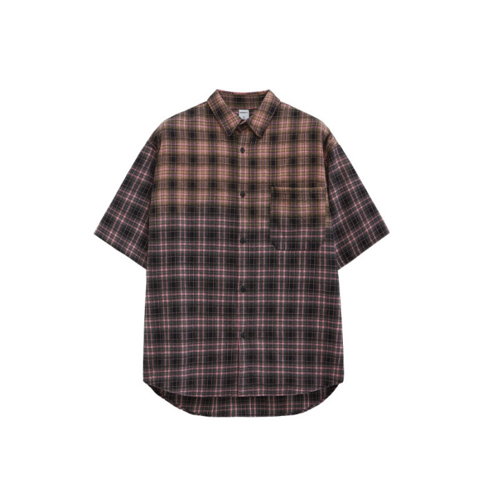 Men Women Gradient Plaid Shirt Short Sleeved Shirt Tops Sweatshirt Unisex Tee Casual Shirt