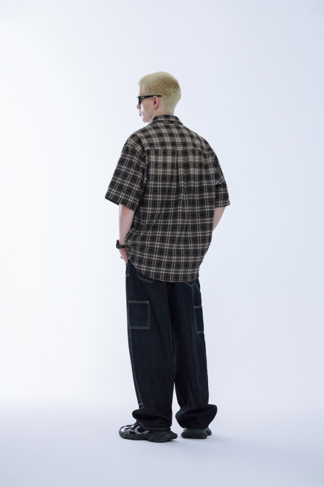 Men Women Gradient Plaid Shirt Short Sleeved Shirt Tops Sweatshirt Unisex Tee Casual Shirt