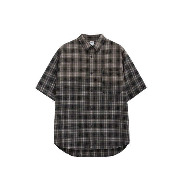 Men Women Gradient Plaid Shirt Short Sleeved Shirt Tops Sweatshirt Unisex Tee Casual Shirt