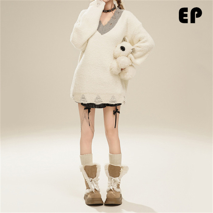 Women Knitted Sweater Pullover Pullover Cardigan Ripped Top