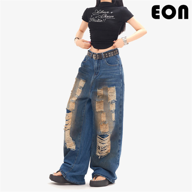 Women Vintage Ripped Wide-leg Jeans Bottoms Pants Trousers Outfits Casual Jeans