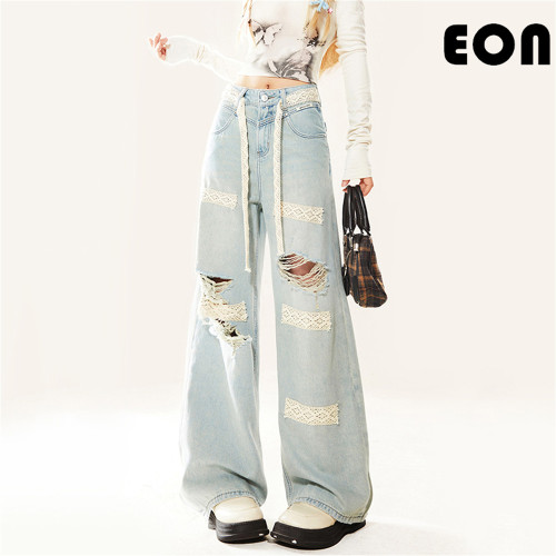 Women Vintage Ripped Wide-leg Jeans Bottoms Pants Trousers Outfits Casual Jeans
