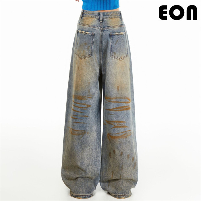 Women Hip Hop Wiped Color Wide-leg Jeans Bottoms Pants Trousers Outfits Casual Jeans