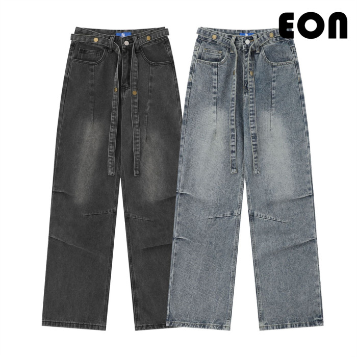 Women Hip Hop Wiped Color Wide-leg Jeans Bottoms Pants Trousers Outfits Casual Jeans