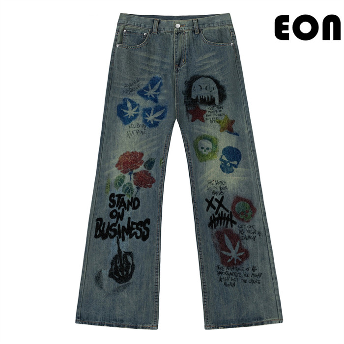 Women Vintage Ripped Wide-leg Jeans Bottoms Pants Trousers Outfits Casual Jeans