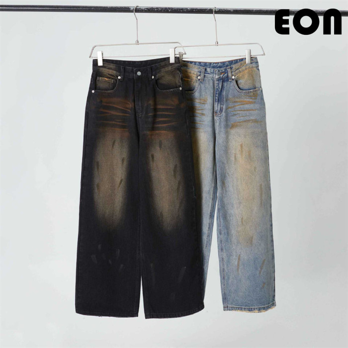 Women Hip Hop Wiped Color Wide-leg Jeans Bottoms Pants Trousers Outfits Casual Jeans