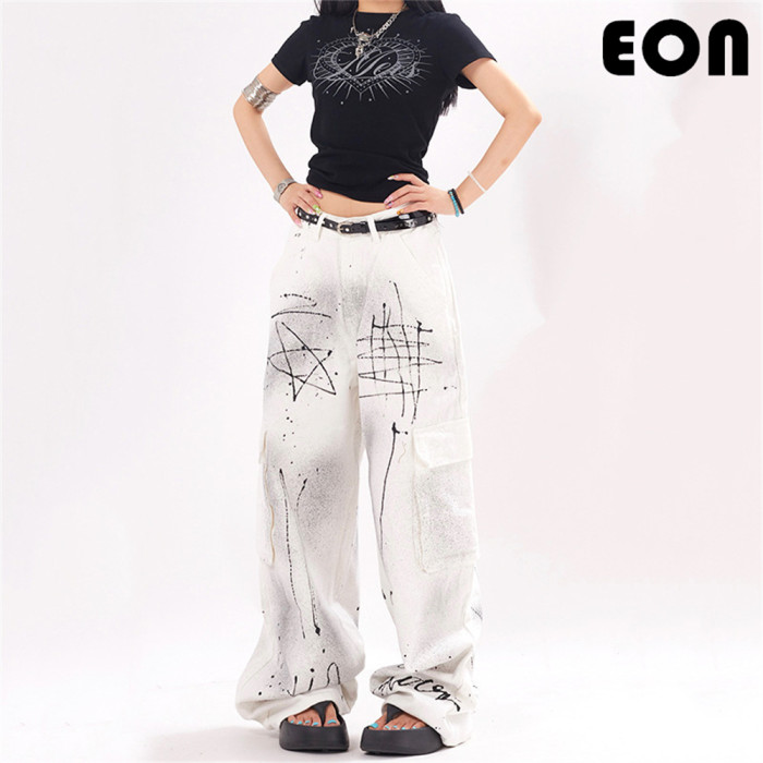 Women Vintage Ripped Wide-leg Jeans Bottoms Pants Trousers Outfits Casual Jeans