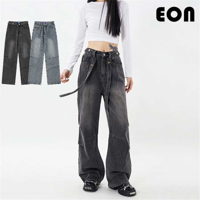 Women Hip Hop Wiped Color Wide-leg Jeans Bottoms Pants Trousers Outfits Casual Jeans
