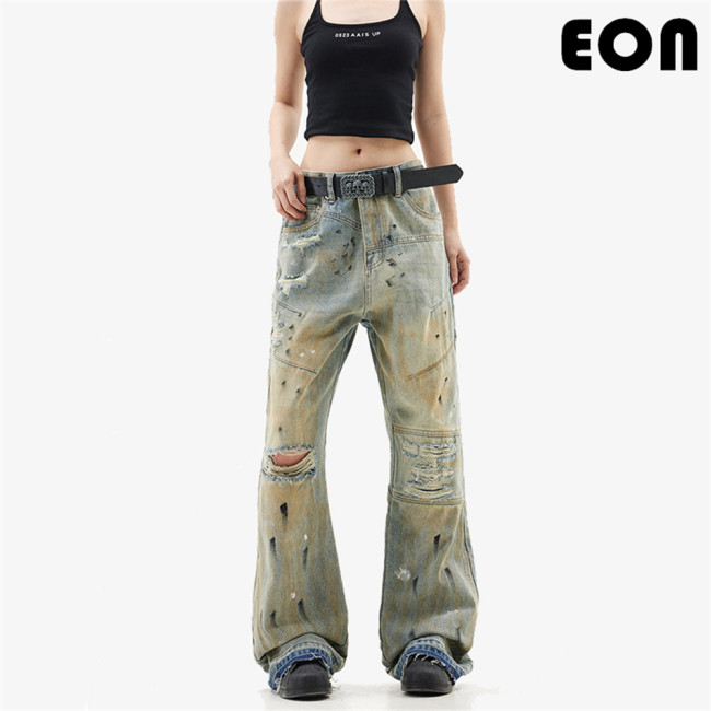 Women Vintage Ripped Wide-leg Jeans Bottoms Pants Trousers Outfits Casual Jeans