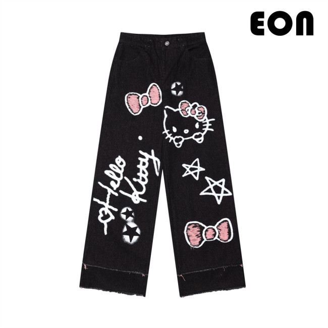 Women Washed Straight Leg Jeans Bottoms Trousers Outfits Casual Jeans