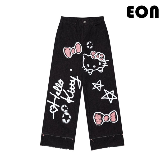 Women Washed Straight Leg Jeans Bottoms Trousers Outfits Casual Jeans