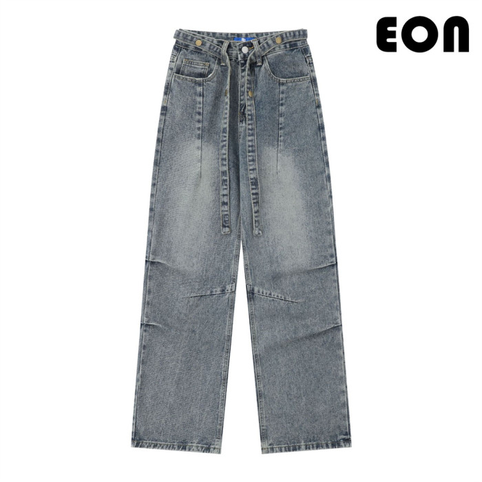 Women Hip Hop Wiped Color Wide-leg Jeans Bottoms Pants Trousers Outfits Casual Jeans