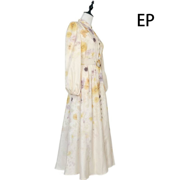 Women French Elegant Floral Print Maxi Dress Summer Long Dress