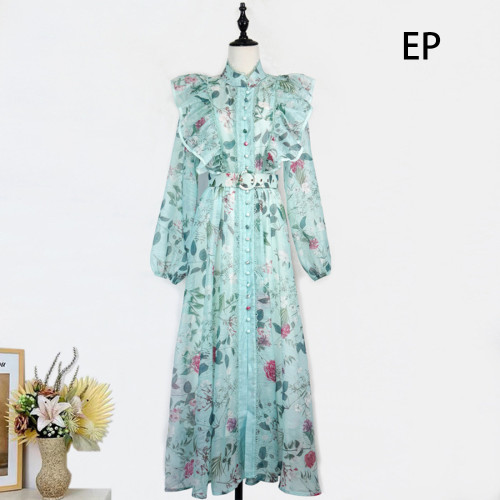 Women French Elegant  Floral Print Maxi Dress Summer Long Dress
