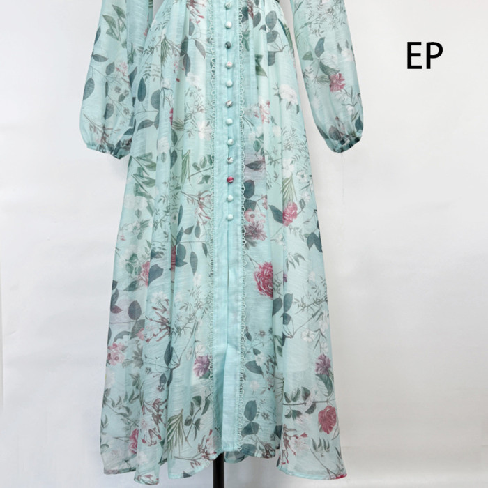 Women French Elegant  Floral Print Maxi Dress Summer Long Dress