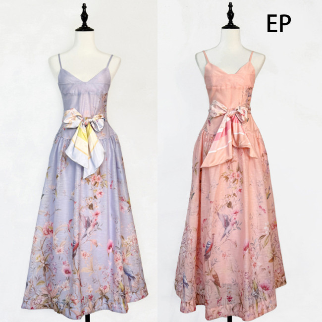 Women French Elegant Floral Print Camisole Maxi Dress Summer Long Dress