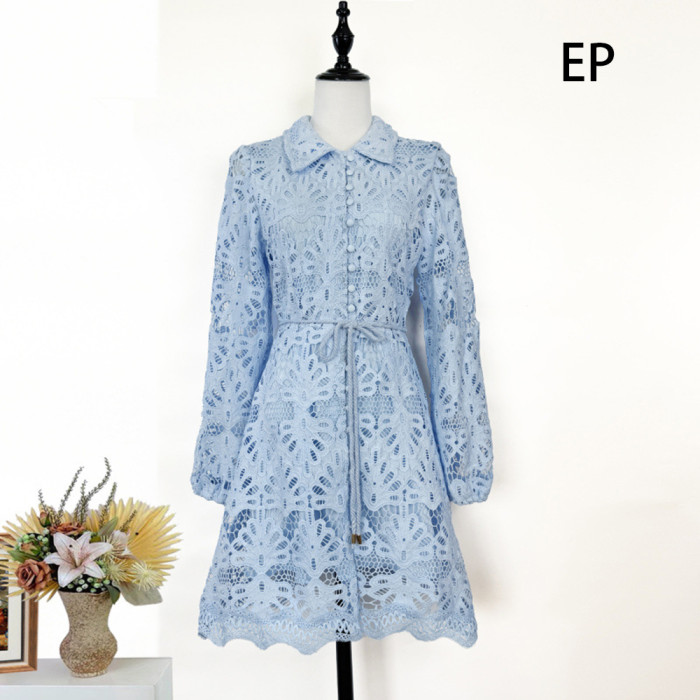 Women Elegent Lace Shirt Dress Long sleeve Collared Mini Dress Summer Dress