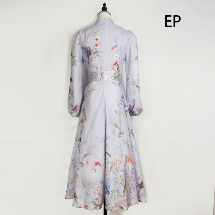 Women French Elegant Floral Print Maxi Dress Summer Long Dress