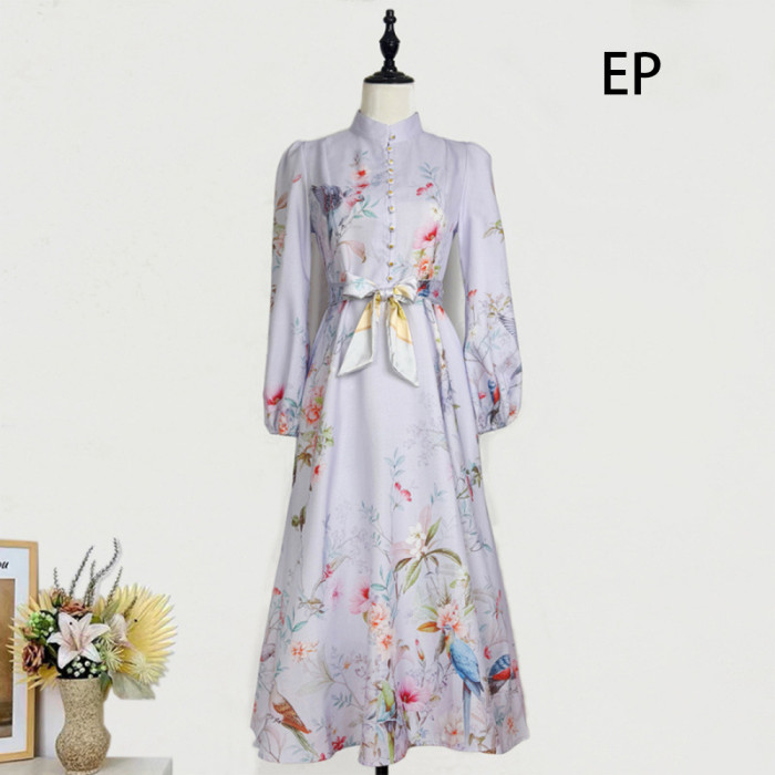Women French Elegant Floral Print Maxi Dress Summer Long Dress