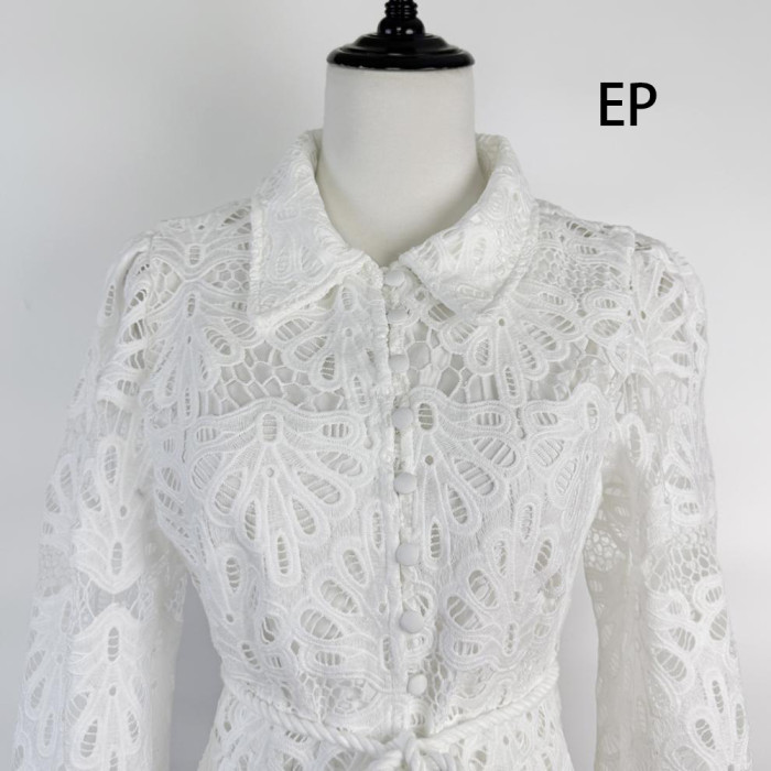 Women Elegent Lace Shirt Dress Long sleeve Collared Mini Dress Summer Dress