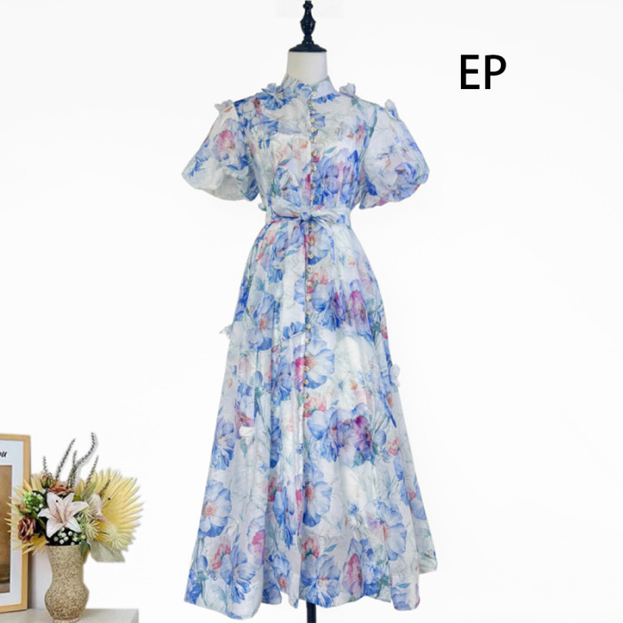 Women French Elegant  Floral Print Maxi Dress Summer Long Dress