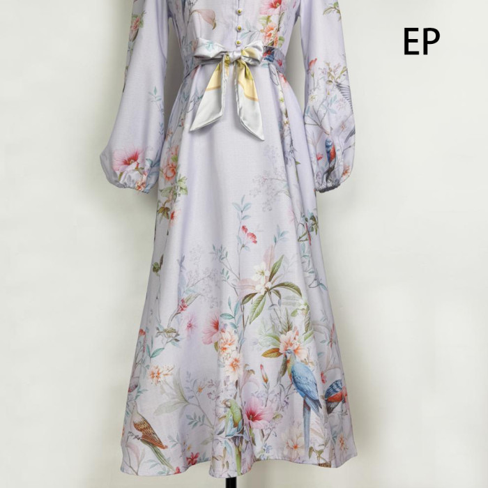 Women French Elegant Floral Print Maxi Dress Summer Long Dress