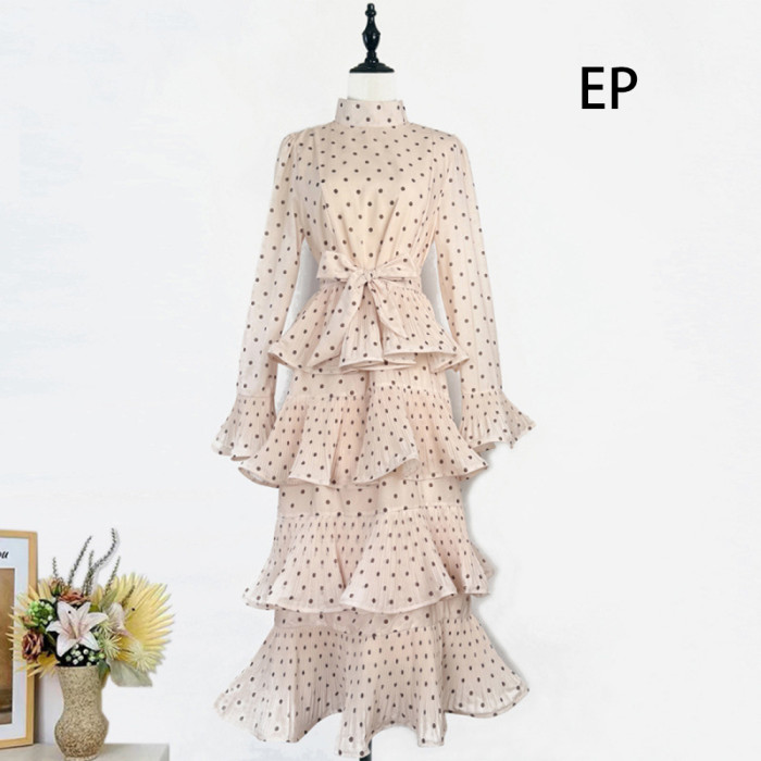 Women French Elegant  Dot Print Maxi Dress Summer Long Dress