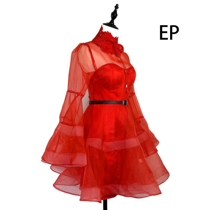 Women Elegant Sheer Mesh Mini Dress Flares Sleeves Ruffled Collar Summer Dress