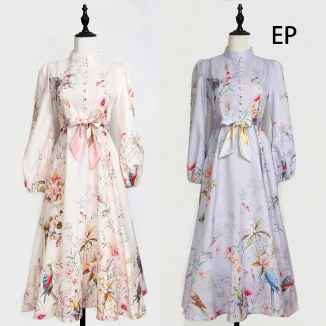 Women French Elegant Floral Print Maxi Dress Summer Long Dress