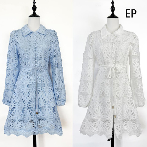 Women Elegent Lace Shirt Dress Long sleeve Collared Mini Dress Summer Dress