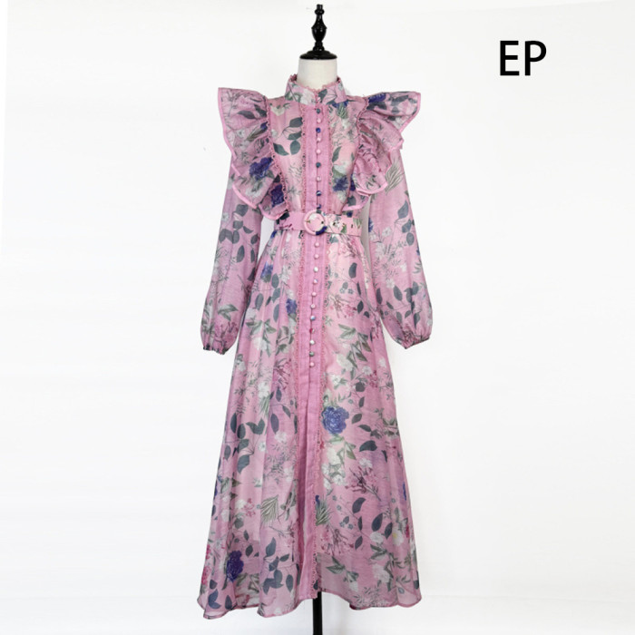 Women French Elegant  Floral Print Maxi Dress Summer Long Dress