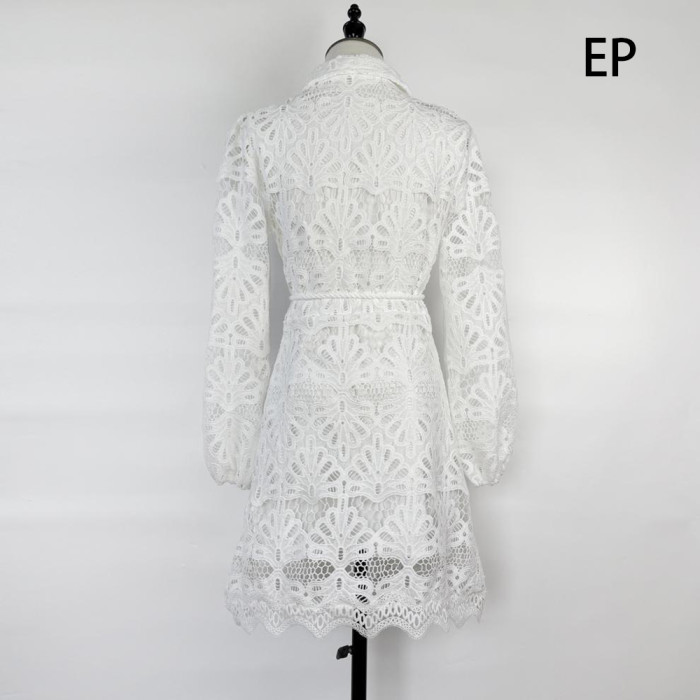 Women Elegent Lace Shirt Dress Long sleeve Collared Mini Dress Summer Dress