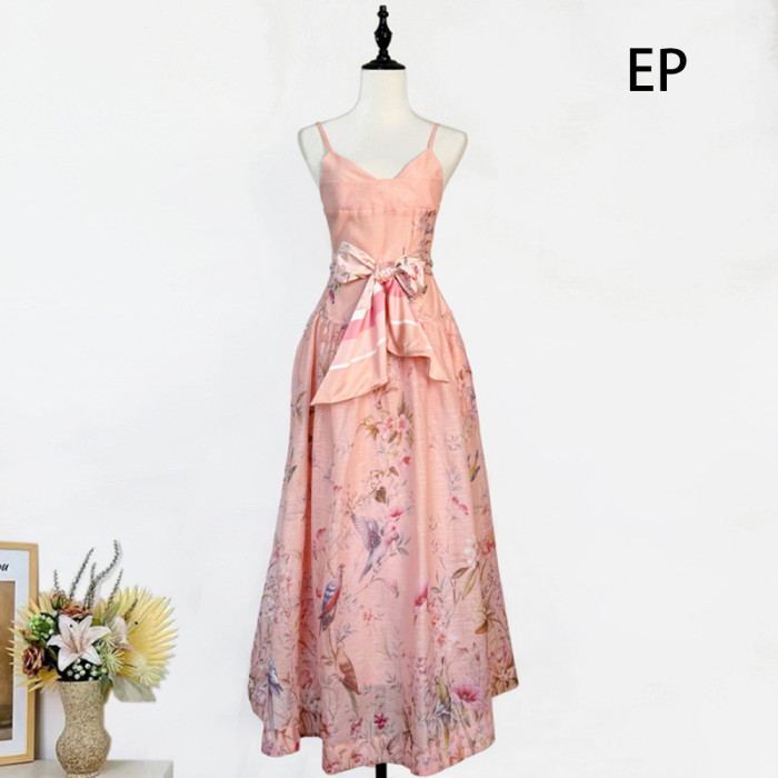 Women French Elegant  Floral Print Camisole Maxi Dress Summer Long Dress